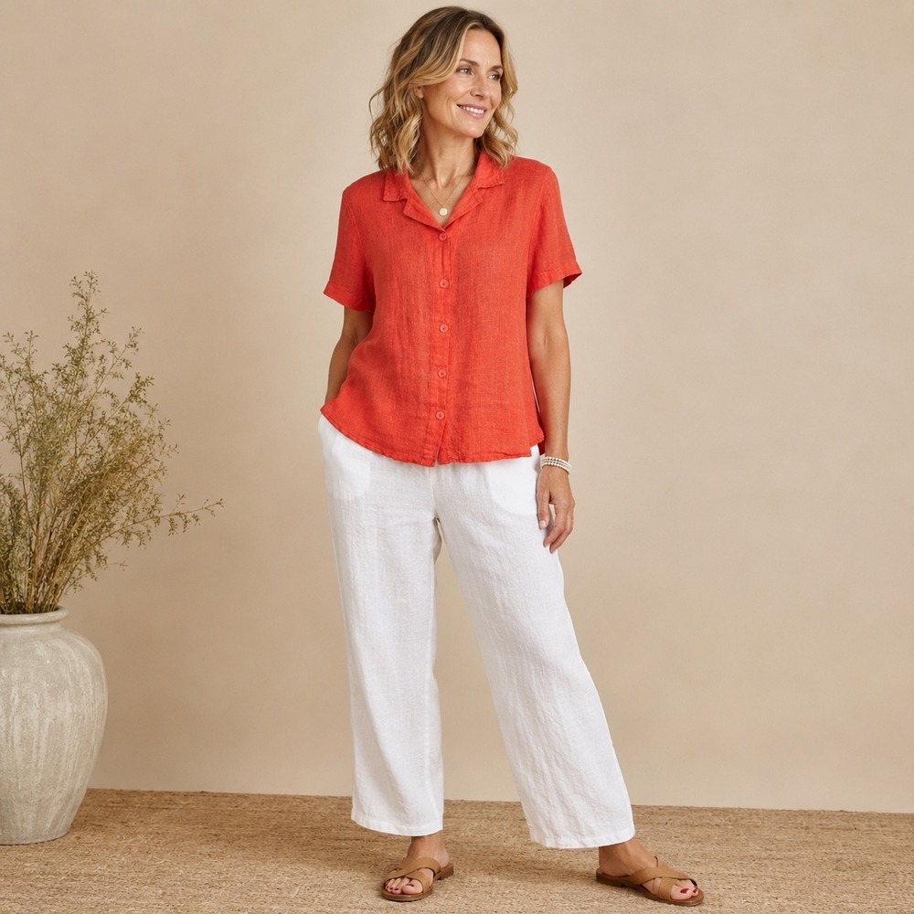 Flax Womens 100% Linen Coral Orange Button Down Shirt Small Short Sleeve Boho